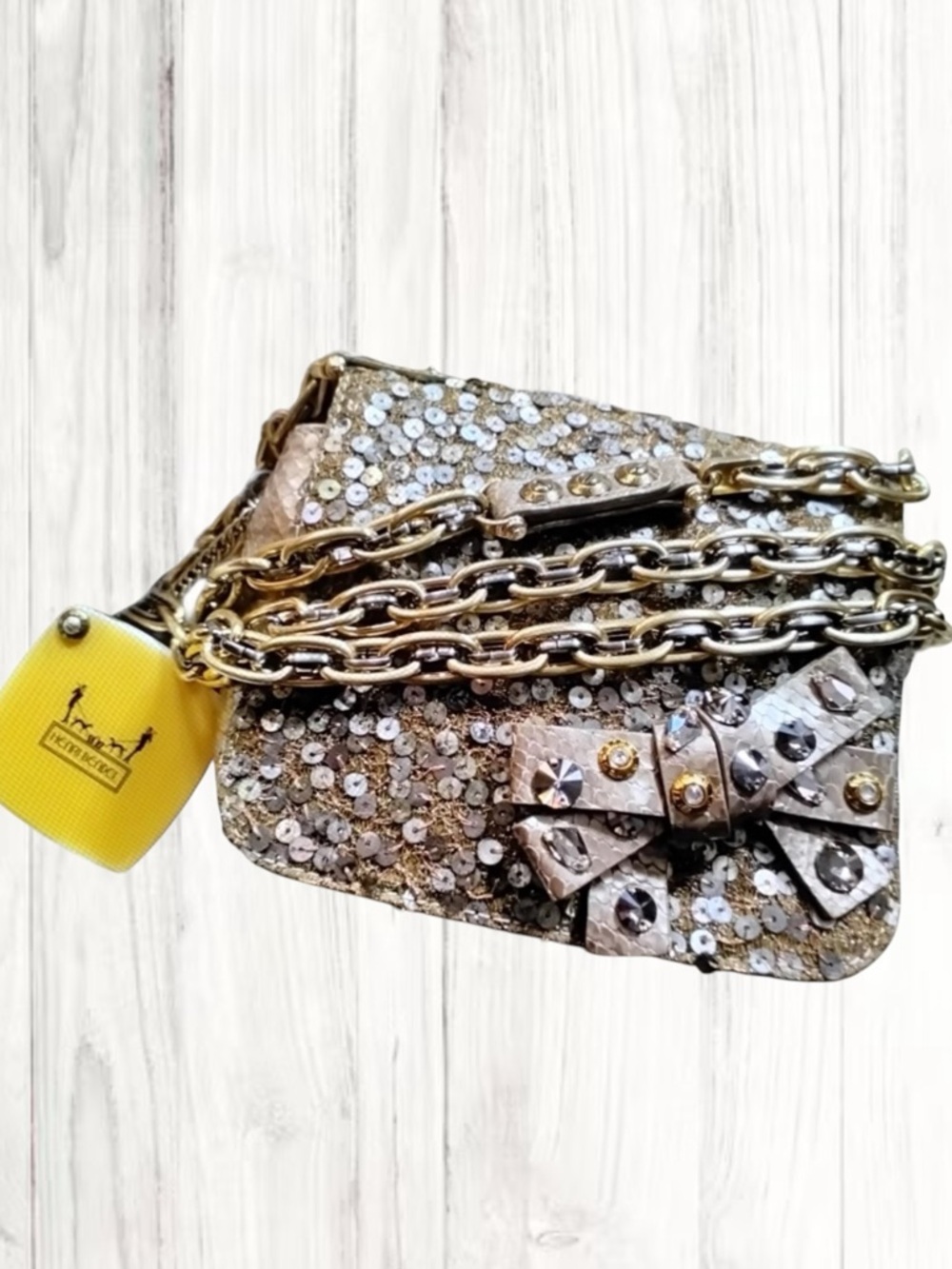 Henri Bendel Embellished Gold Sequin Chain Crossbody with Jeweled Bow